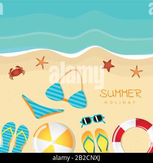 different beach utensils summer holiday background with flip flops sunglasses bikini crab and starfish vector illustration EPS10 Stock Vector