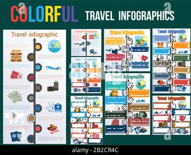 Tourism and travel concept in infographics. Templates 3,4,5,6,7,8,9,10 positions. Motorway arrow, passports, visa stamp, card, point, syringe, medical Stock Vector
