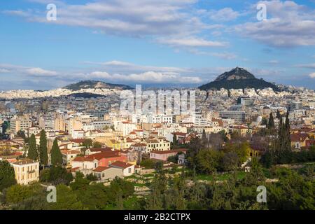 Panoramic skyline view of Athens old town, Greece. Mount Lycabettus on the background. Aerial view from Areopagus rock Stock Photo