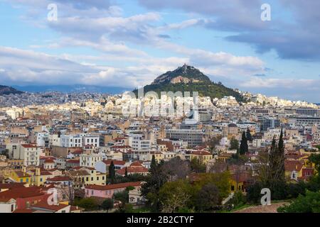 Panoramic skyline view of Athens old town, Greece. Mount Lycabettus on the background. Aerial view from Areopagus rock Stock Photo