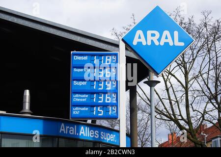 Hannover ,Germany - March 1, 2020 : ARAL gas station. Sign displays prices for different types of petrol, diesel and super. Stock Photo