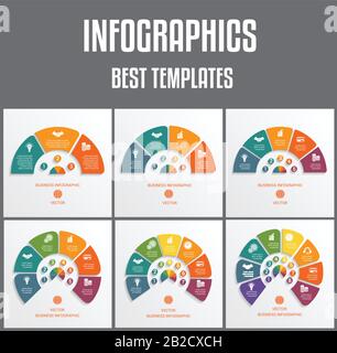 Templates infographics numbered for 3,4,5,6,7,8 options. Colorful semicircles. Vector illustrations can be used as chart, diagram, graph,  workflow, b Stock Vector