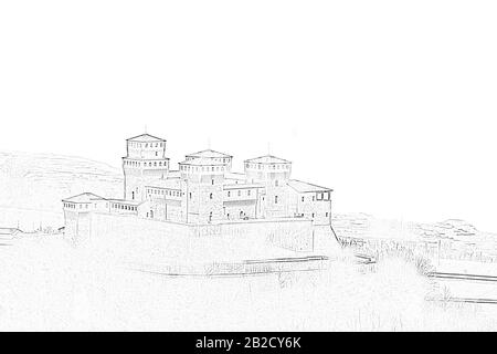 Torrechiara castle near Parma, Italy on a foggy and rainy day. Illustration, hand drawing Stock Photo