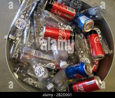Pictured is a can and bottle recycle container. Stock Photo