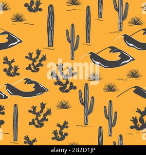 Seamless pattern with desert landscape and cacti silhouettes. Vector background Stock Vector