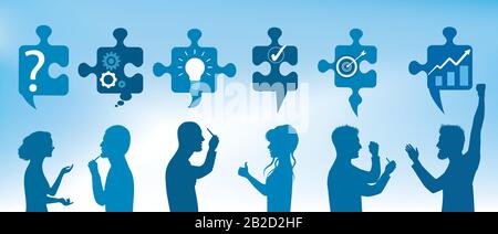 Puzzle pieces with solution symbols to problems with profile people who gesticulate. Business solution. Concept problem solving team. Strategy.Blue Stock Vector
