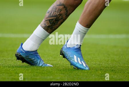 Birmingham, UK. 01st Mar, 2020. The Adidas football boots and leg tattoo of Gabriel Jesus of Man City during the Carabao Cup Final match between Aston Villa and Manchester City at Wembley Stadium, London, England on 1 March 2020. Photo by Andy Rowland. Credit: PRiME Media Images/Alamy Live News Stock Photo