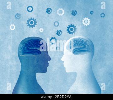 2 human heads in silhouette profile with brain and gears. Group therapy. Neuroscience or neurology seminar. Neurological assistance and therapy. Stock Photo