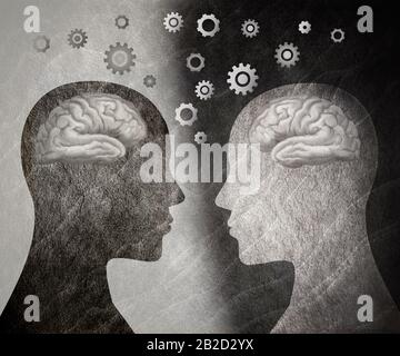 Group therapy. 2 human heads in silhouette profile with brain and gears. Neuroscience or neurology seminar. Neurological assistance and therapy. Stock Photo