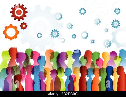Human heads silhouette in profile with gears. Different or diverse people. Training course. Group therapy. Seminary. Neuroscience. Neurology. Concept Stock Photo