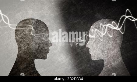 Neuroscience development. Training of people. Intelligence - cognition and education.2 Human heads in silhouette profile.Concept of memory - neurology Stock Photo