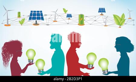 Energy sharing.Energy community.Prosumer sustainable and renewable energy.Alternative energy production.Smart grid.Green social media.Light bulb Stock Vector