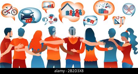 Sharing economy concept.Group people who share goods and services or rent and sell.Speech bubble containing icons such as co working sharing mobility Stock Vector