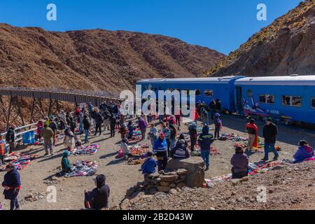 Market at the 'Viaducto La Polvorilla', 4200m ALS, final station of the 'Tren a las Nubes', Province of Salta, Andes, NW Argentina, Latin America Stock Photo