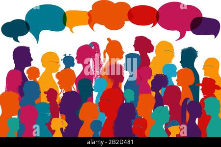 Crowd silhouette colored profile diversity people.Multicultural population.Globalization.Many multiethnic people who communicate and share ideas.Speak Stock Vector