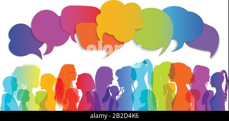 Speech bubble. Multiethnic women who talk and share ideas and information. Women social network community. Communication and friendship between women Stock Vector