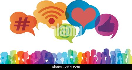 Influencer.Silhouette group of people talking and sharing ideas and information.Trend communication.Social network.Social media concept.Community.App Stock Vector
