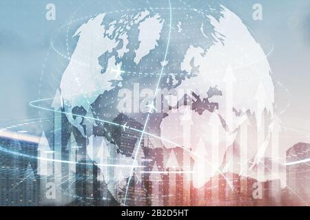Virtual interface connection map of flight routes airplanes network use for global travel network. Stock Photo