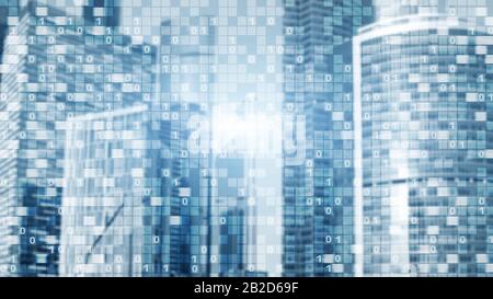Digital code on blur city background. Abstract Binary code. Stock Photo