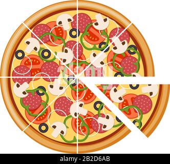 Pizza with sliced tomatoes mushrooms salami sausage onion bell pepper black olives and cheese. Italian fast food meal isolated vector eps illustration Stock Vector