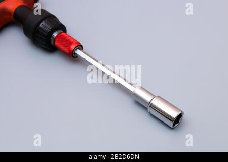 adjustable spanners set with red holder over a grey background. father's day gift Stock Photo