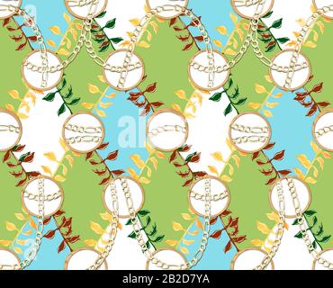 Golden chains with colorful floral pattern.Seamless textile print. Fabric design. Stock Photo