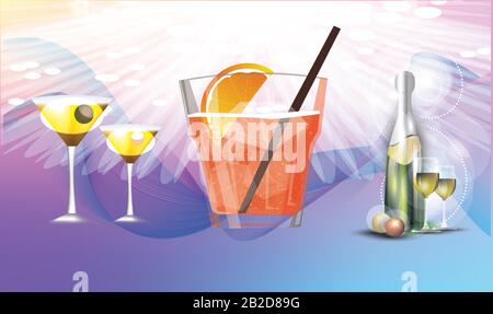 Drinks glasses and bottle on abstract background Stock Vector
