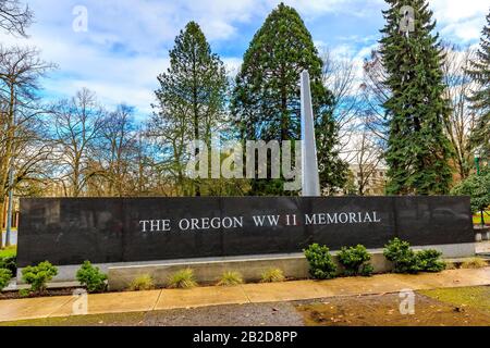 The Oregon World War II Memorial is a war memorial on the grounds of the Oregon State Capitol, in the Salem, Oregon Stock Photo