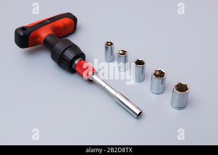 adjustable spanners set with red holder over a grey background. father's day gift Stock Photo