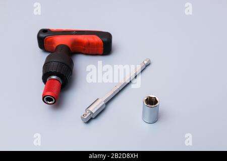adjustable spanners set with red holder over a grey background. father's day gift Stock Photo