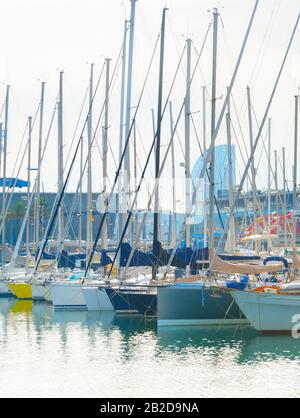 Yachts at marina in famous Port Vell. Barcelona, Spain Stock Photo