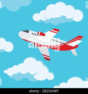 Airplane in the sky vector flat design illustration. Stock Vector