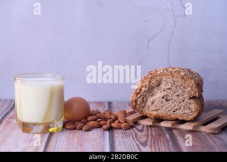 Close up of fresh dairy product for morning breakfast on table  Stock Photo