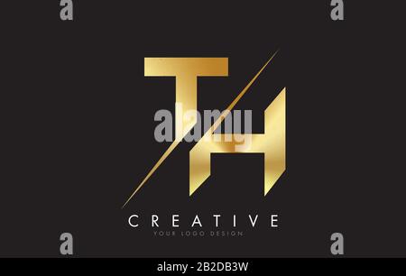 TH T H Golden Letter Logo Design with a Creative Cut. Creative logo design with Black Background. Stock Vector
