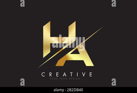 HA H A Golden Letter Logo Design with a Creative Cut. Creative logo design with Black Background. Stock Vector