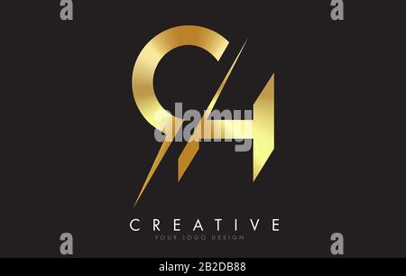 CH C H Golden Letter Logo Design with a Creative Cut. Creative logo design with Black Background. Stock Vector