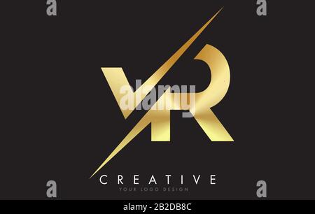 VR V R Golden Letter Logo Design with a Creative Cut. Creative logo design with Black Background. Stock Vector
