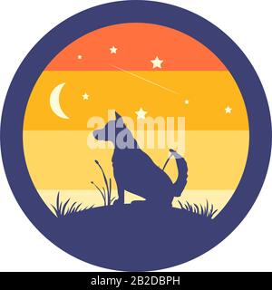 Illustration of silhouettes dog in the circle with moon and nice colorful background Stock Vector