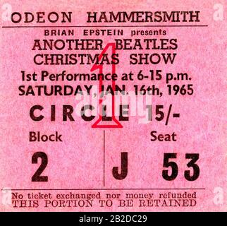 LONDON, UNITED KINGDOM - JANUARY 16: Still-life of a Beatles ticket stub for their Another Beatles Christmas Show at the Hammersmith Odeon London on January 16, 1965 in London, England, United Kingdom.Credit: Icon and Image /  MediaPunch Stock Photo