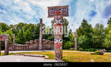 First Nations totem poles and Haida houses in Museum of Anthropogy at UBC Stock Photo