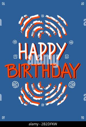 Vertical happy birthday postcard in trendy classic blue colors. Memphis textured ethnic elements. Vector stock illustration. Stock Vector