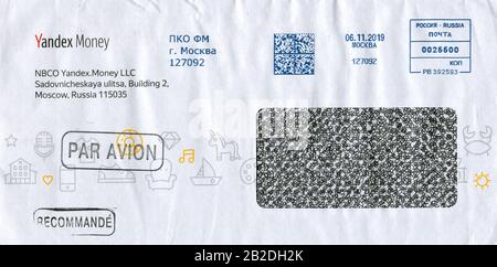 GOMEL, BELARUS - FEBRUARY 25, 2020: Old envelope which was dispatched from Russia to Gomel, Belarus, November 06, 2019.