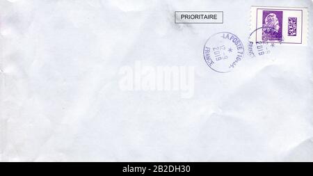 GOMEL, BELARUS - FEBRUARY 25, 2020: Old envelope which was dispatched from France to Gomel, Belarus, February 25, 2020. Stock Photo