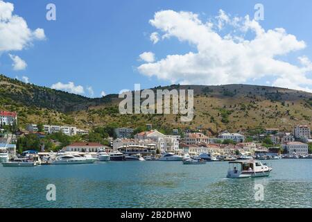 Balaklava Bay - one of the most convenient bays on the Black sea for mooring ships, the former submarine base. Crimea Stock Photo