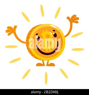 Flat Cartoon bitcoin character. Gold Bitcoin emoticon. Stock Vector