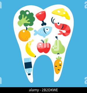 Food for healthy teeth concept with white tooth Stock Vector