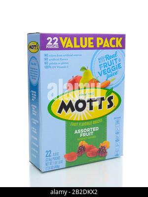 IRVINE, CA - JANUARY 4, 2018: Motts Fruit Flavored Snacks. The tasty treat combines real fruit and vegetable juice in a chewable gummy snack. Stock Photo