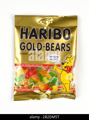 IRVINE, CALIFORNIA - JANUARY 5, 2018: Haribo Gold Bears. A soft, chewy, gummy candy in a variety of fruit flavors. Stock Photo