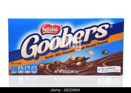 IRVINE, CALIFORNIA - OCT 27, 2018: A box of Goobers from Nestle.  The chocolate covered peanuts are a familiar item in movie theater concession stands Stock Photo
