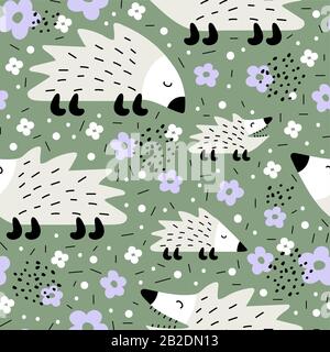 Seamless pattern with cute hedgehogs. Creative scandinavian children texture Stock Vector